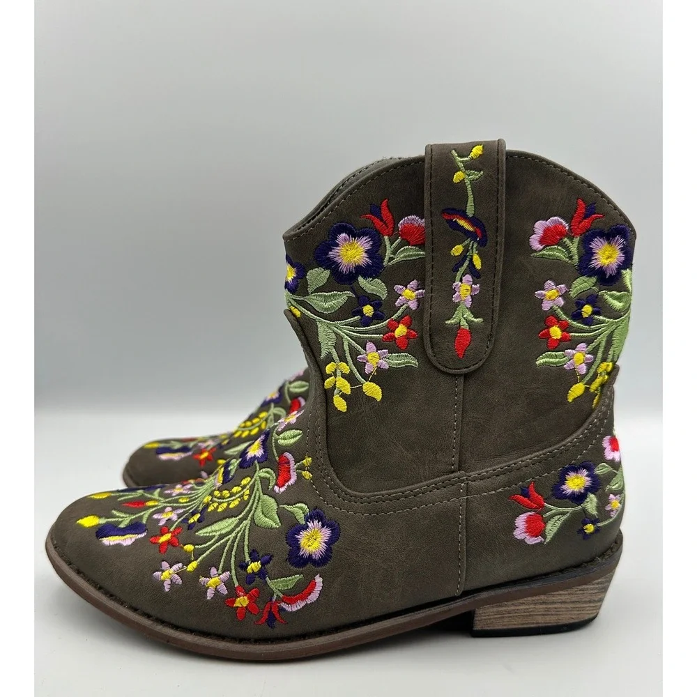 Betseyville Reece Floral Embroidered Cowboy Boots Youth Girls Sz 3 Stone Vibrant